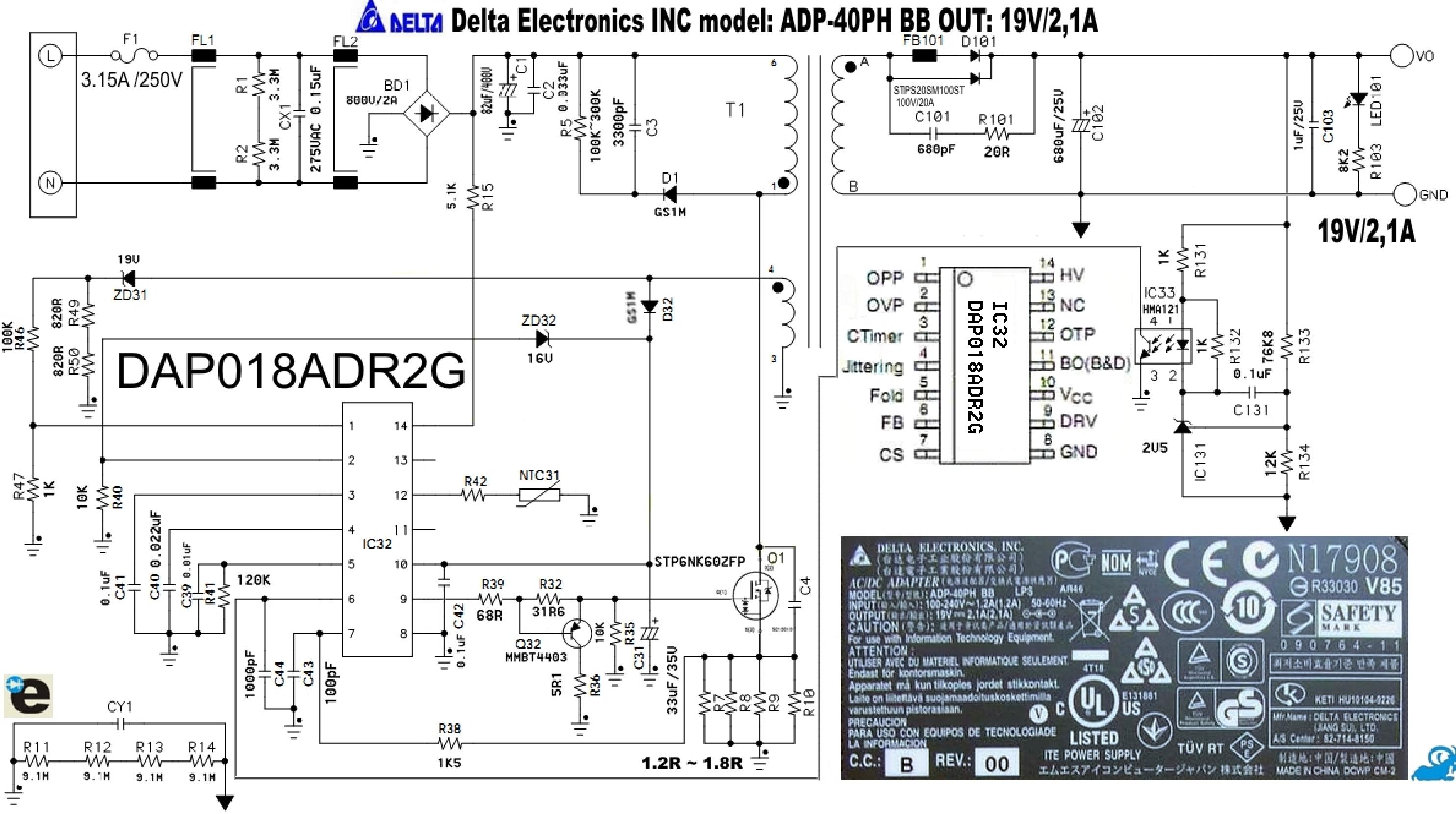 ADAPTOR POWER SUPLY Delta ADP 40PH BB 19V 2.1A Schemat — Delta ADP-40PH-BB-19V-2.1A Schemat.jpg